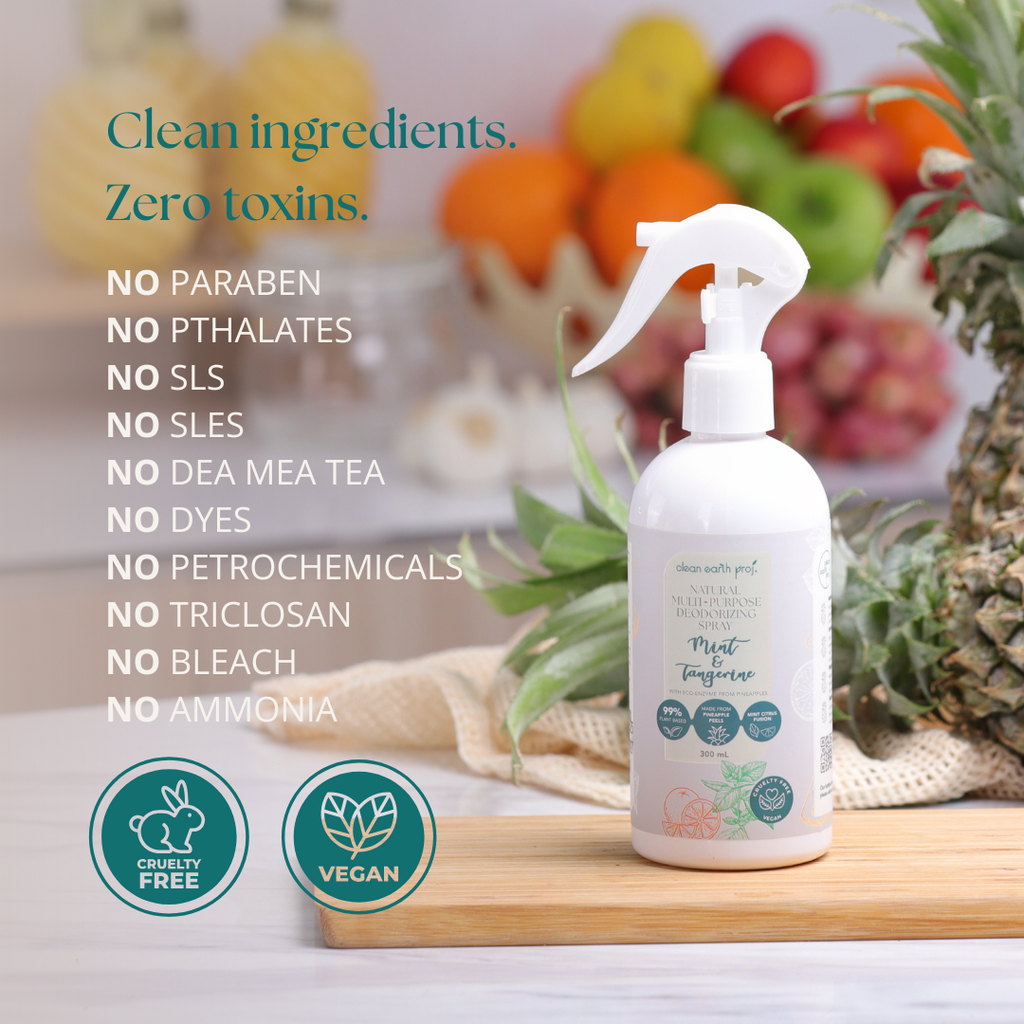 Clean Earth non-toxic room deodorizer free from SLS, SLES, petrochemicals, and phthalates