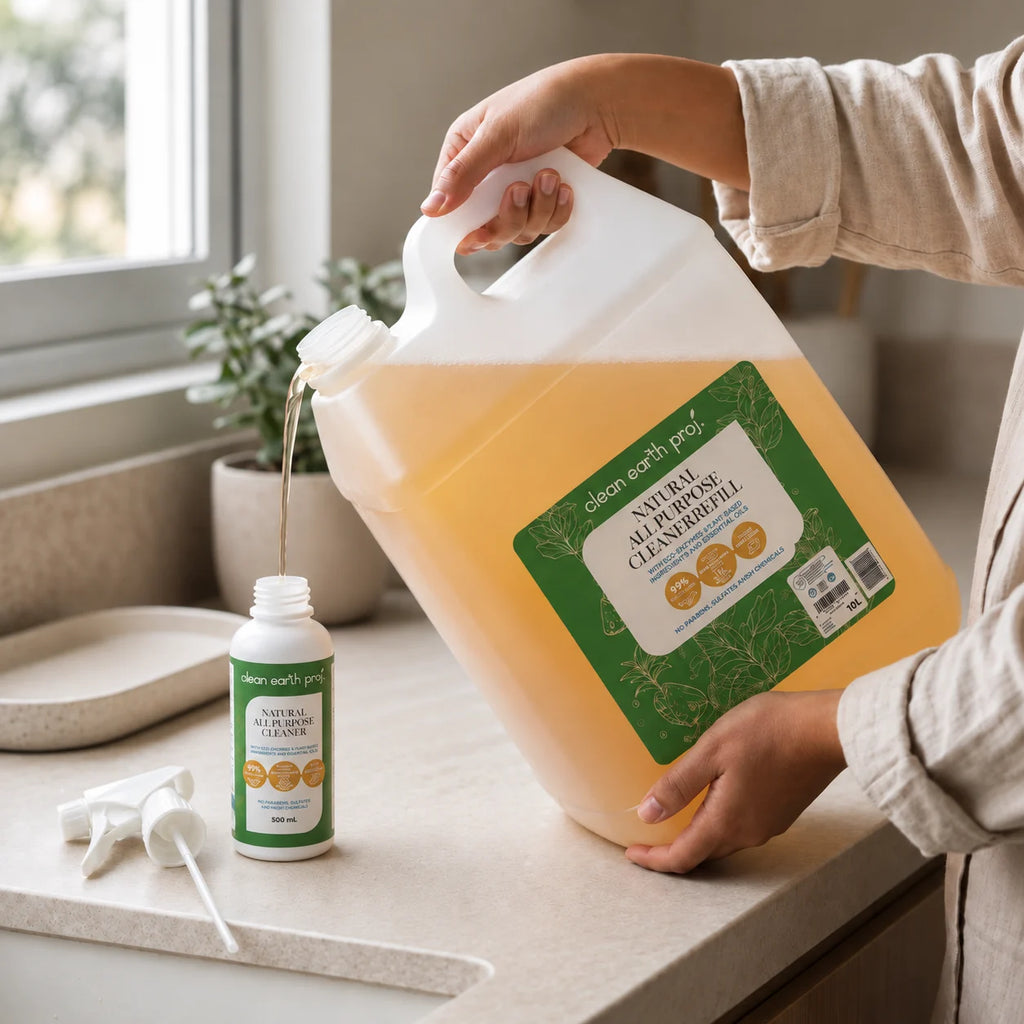 Person pouring Clean Earth natural 10L all-purpose cleaner refill into a 500ml spray bottle on a bright kitchen counter.