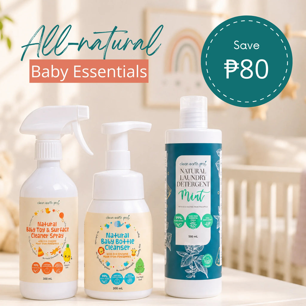 Three Clean Earth eco-friendly baby cleaning products—Natural Baby Toy & Surface Cleaner Spray, Natural Baby Bottle Cleanser, and Mint Natural Laundry Detergent—displayed in a nursery setting with text reading "All-natural Baby Essentials"
