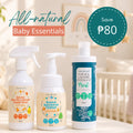 Three Clean Earth eco-friendly baby cleaning products—Natural Baby Toy & Surface Cleaner Spray, Natural Baby Bottle Cleanser, and Mint Natural Laundry Detergent—displayed in a nursery setting with text reading "All-natural Baby Essentials"