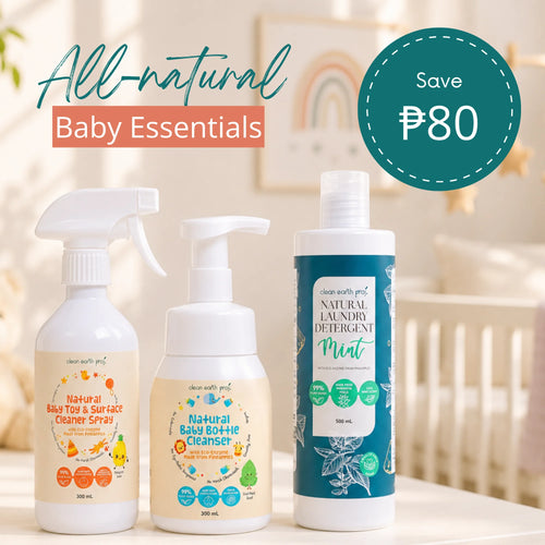 Three Clean Earth eco-friendly baby cleaning products—Natural Baby Toy & Surface Cleaner Spray, Natural Baby Bottle Cleanser, and Mint Natural Laundry Detergent—displayed in a nursery setting with text reading "All-natural Baby Essentials"