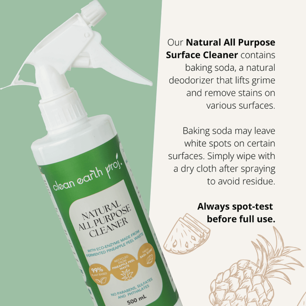 Clean Earth Natural All Purpose Cleaner baking soda ingredient infographic explaining deodorizing and stain lifting benefits