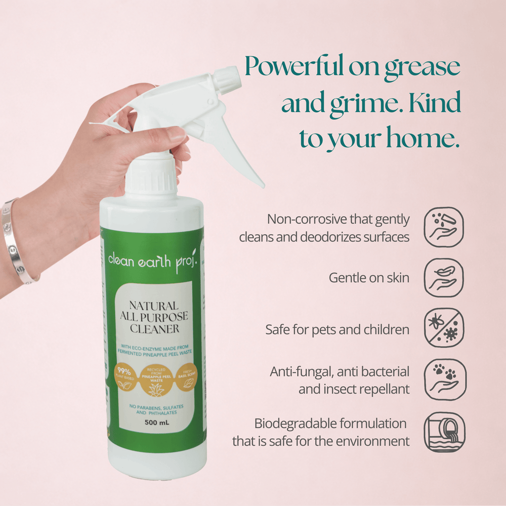 Clean Earth natural all-purpose cleaner benefits infographic showing eco-enzyme grease power and biodegradable safety
