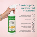 Clean Earth natural all-purpose cleaner benefits infographic showing eco-enzyme grease power and biodegradable safety