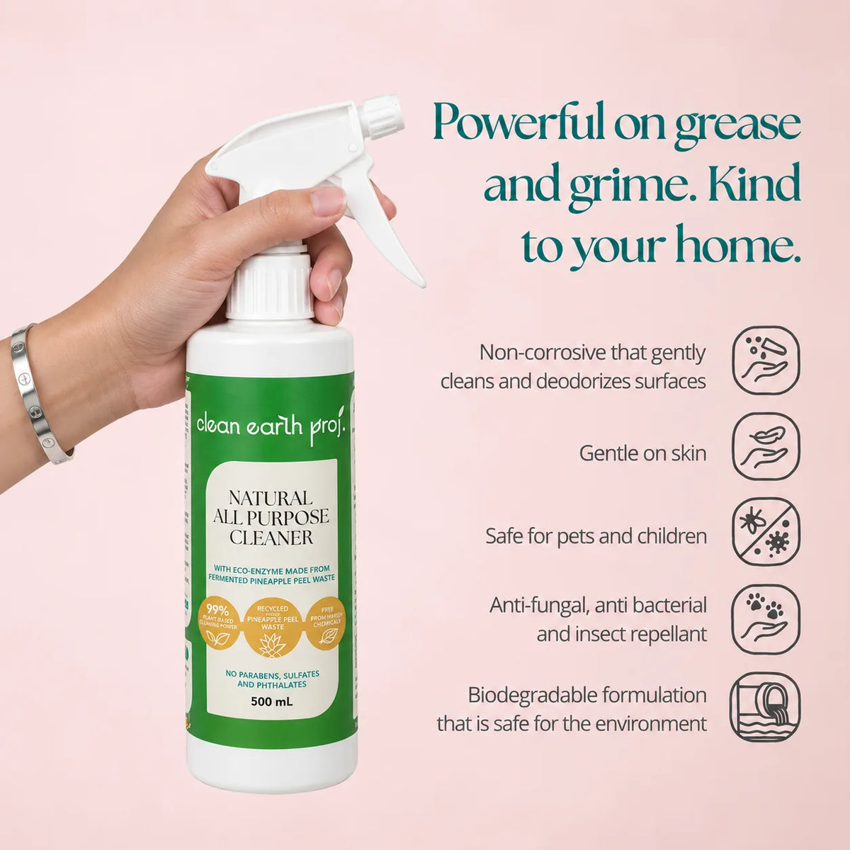Clean Earth natural all-purpose cleaner benefits infographic showing eco-enzyme grease power and biodegradable safety