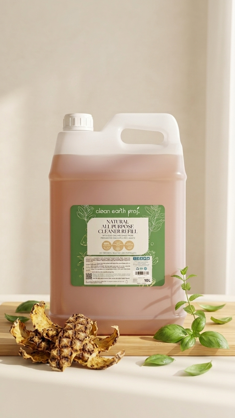 Clean Earth 10L natural all purpose cleaner bulk refill jug on a kitchen counter with fresh basil and pineapple peels