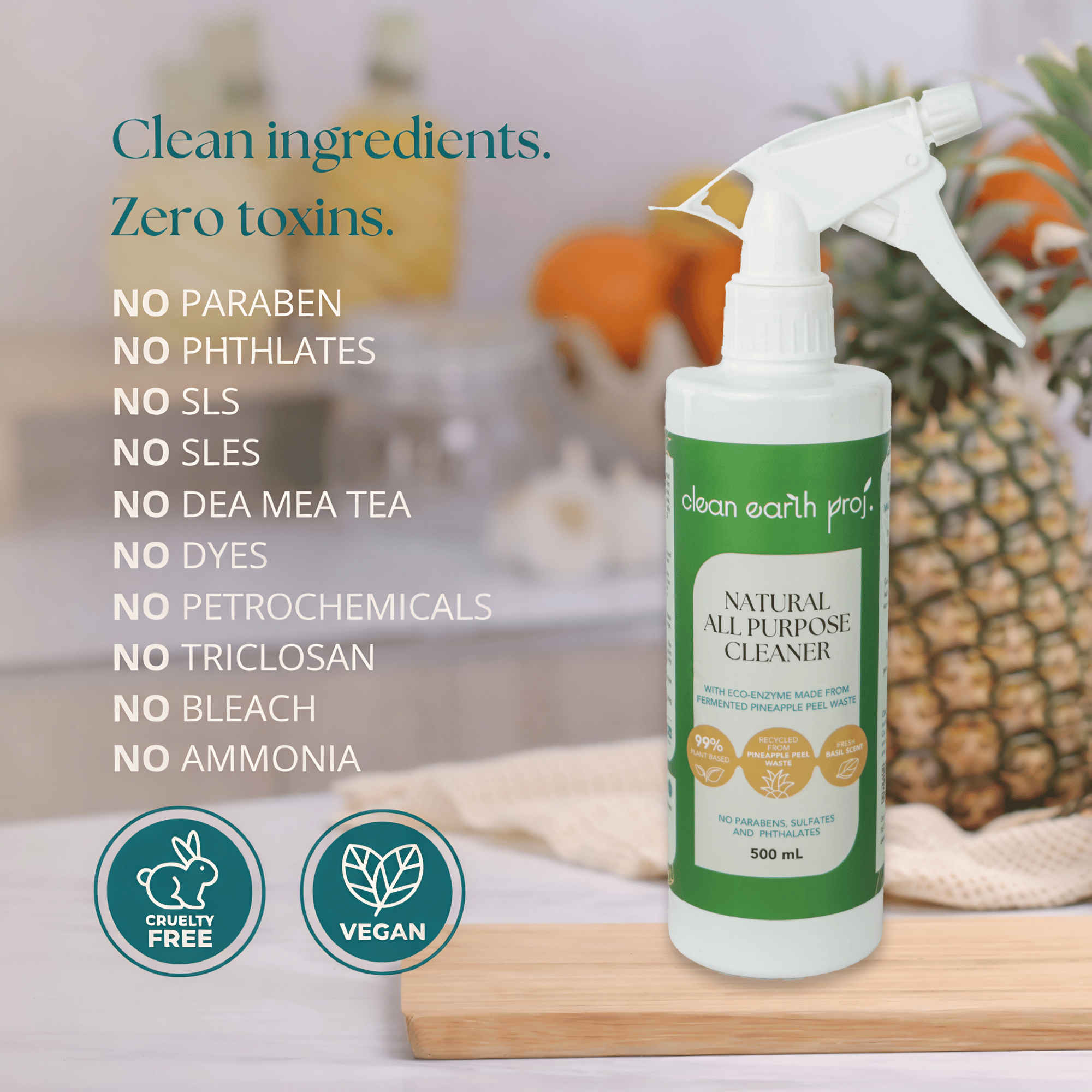 Clean Earth natural all-purpose cleaner toxin-free ingredient list showcasing cruelty-free and vegan certification