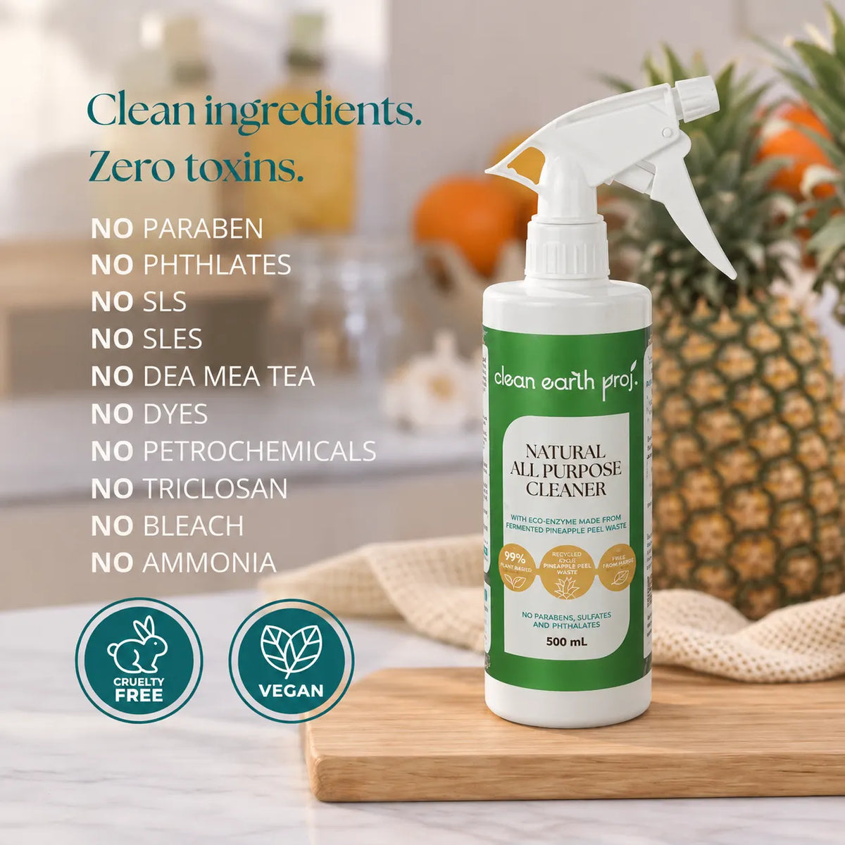 Clean Earth natural all-purpose cleaner toxin-free ingredient list showcasing cruelty-free and vegan certification