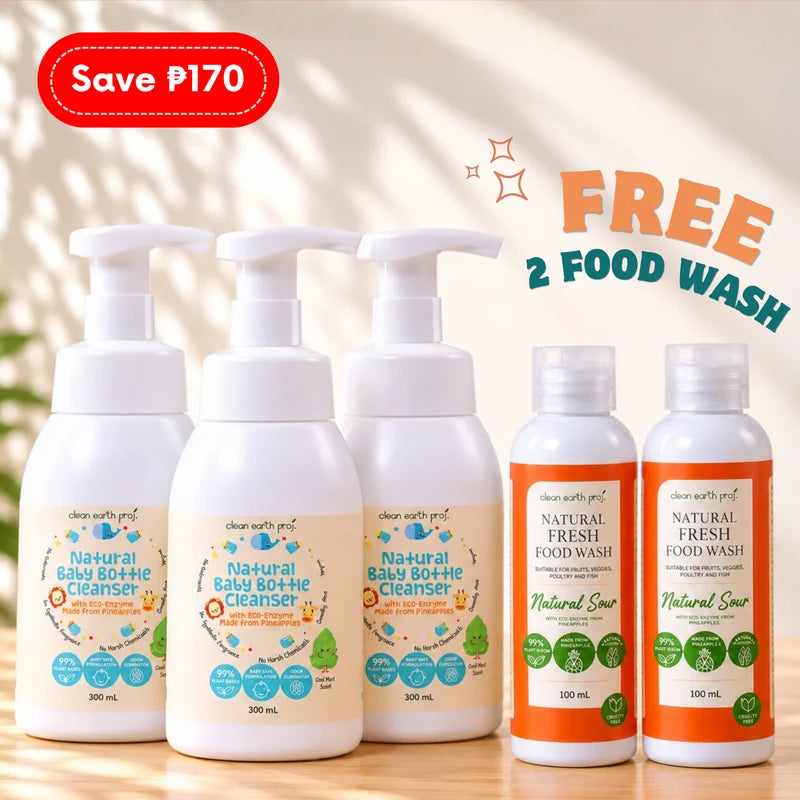 Clean Earth promotional bundle featuring three 300ml Natural Baby Bottle Cleanser bottles alongside two free 100ml Natural Fresh Food Wash bottles