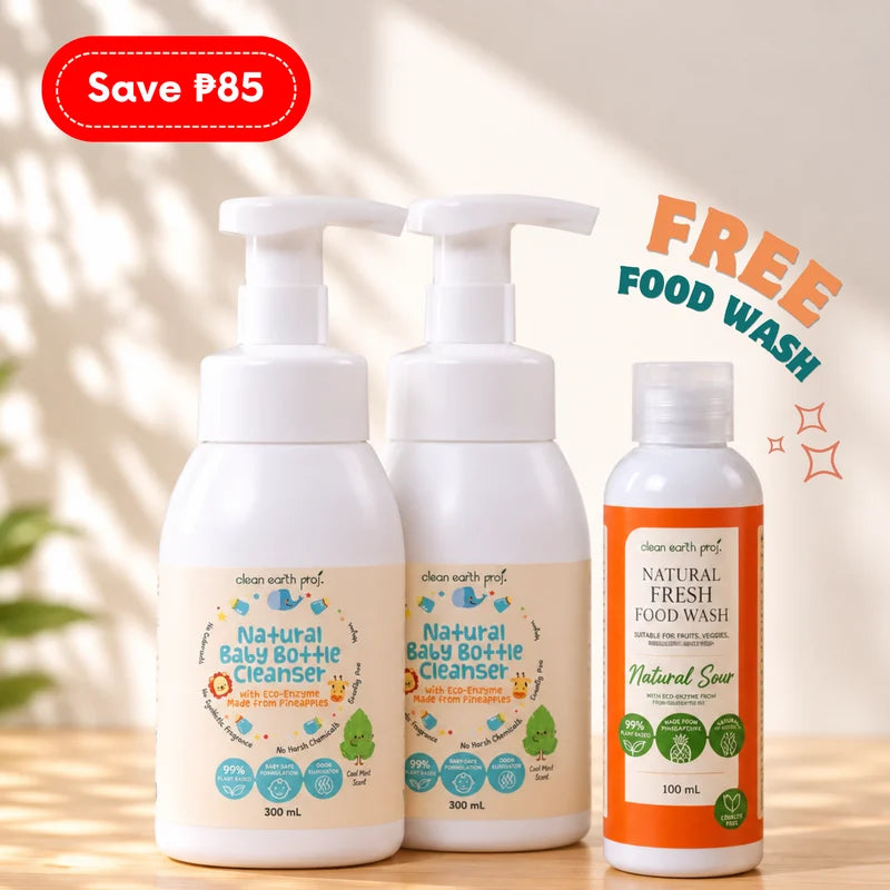 Clean Earth promo bundle featuring two 300ml Natural Baby Bottle Cleanser bottles alongside a free 100ml Natural Fresh Food Wash bottle, save 85