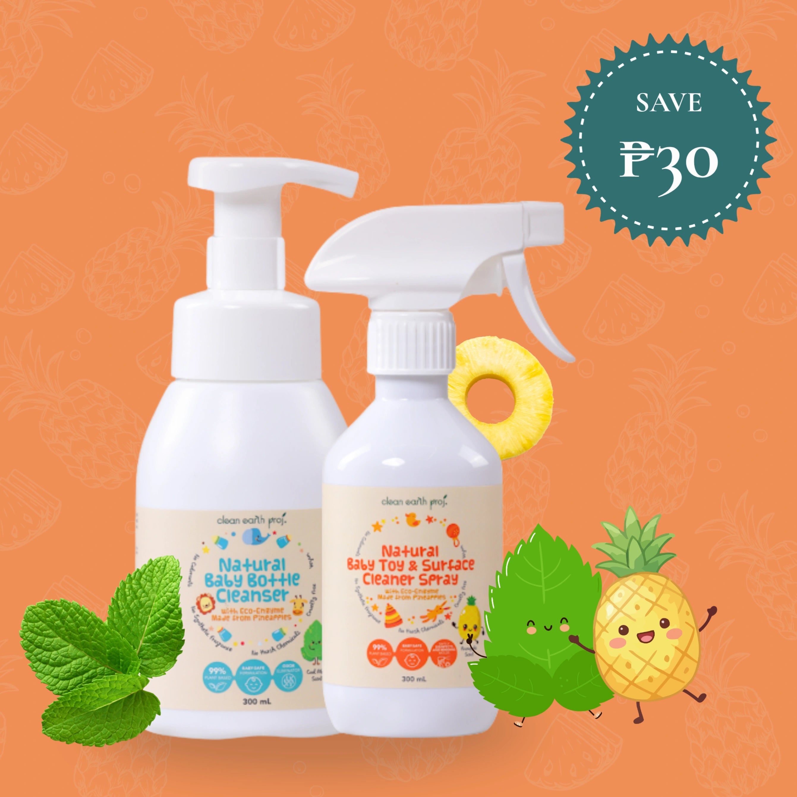 Newborn safe plant-based baby bottle wash and chemical free baby toy surface cleaner spray set by Clean Earth