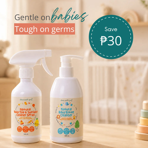 Newborn safe plant-based baby bottle wash and chemical free baby toy surface cleaner spray set by Clean Earth