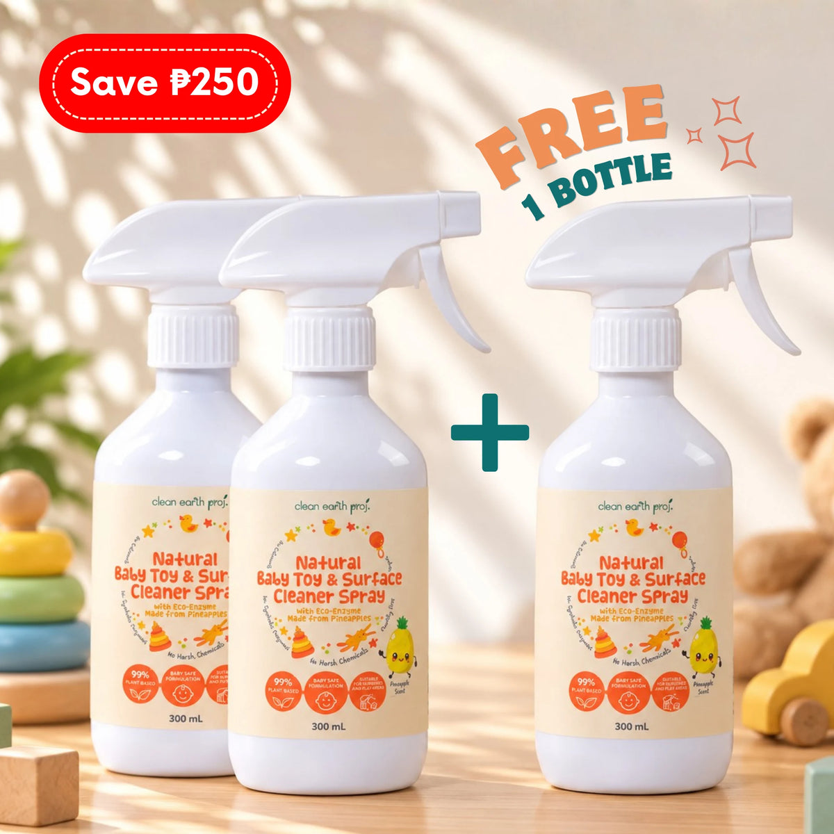 Clean Earth promotional bundle featuring three 300ml Natural Baby Toy and Surface Cleaner Spray bottles with Save ₱250 and Free 1 Bottle offer graphics