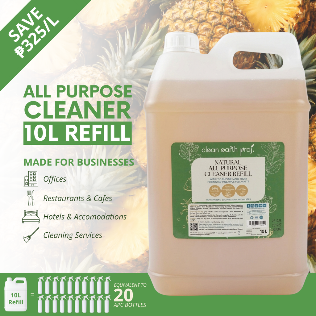 Clean Earth 10L commercial all purpose cleaner refill infographic showing cost-savings for offices and restaurants