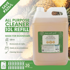 Clean Earth 10L commercial all purpose cleaner refill infographic showing cost-savings for offices and restaurants