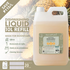 Clean Earth 10L commercial dishwashing liquid refill infographic for hotels, restaurants, cafes, and offices