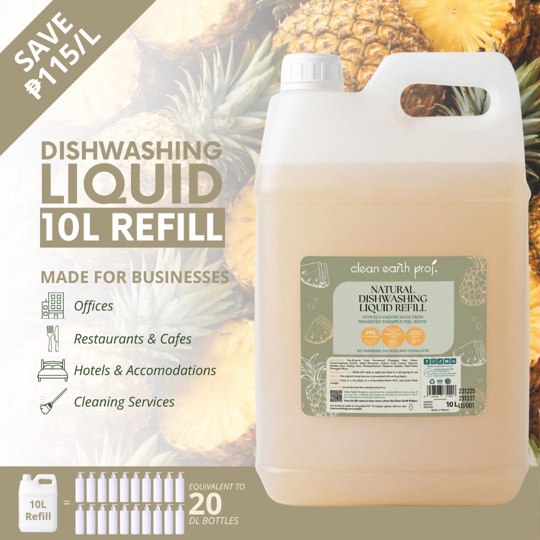 Clean Earth 10L commercial dishwashing liquid refill infographic for hotels, restaurants, cafes, and offices
