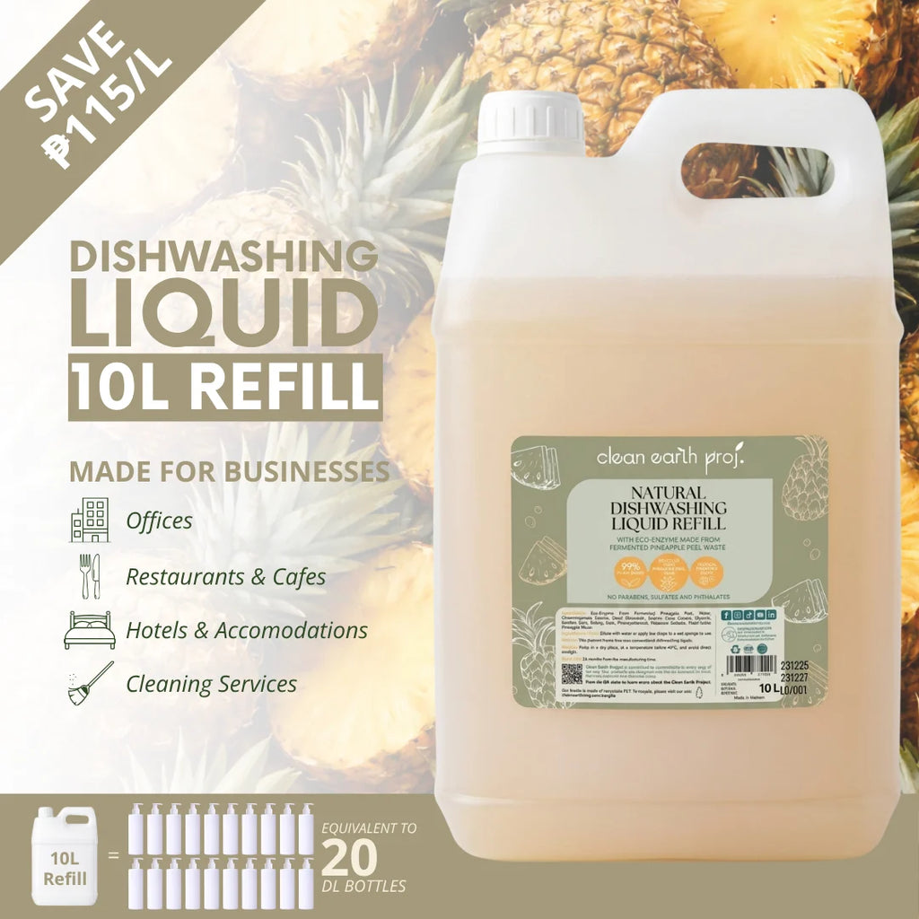 Clean Earth 10L commercial dishwashing liquid refill infographic for hotels, restaurants, cafes, and offices