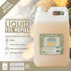 Clean Earth 10L commercial dishwashing liquid refill infographic for hotels, restaurants, cafes, and offices