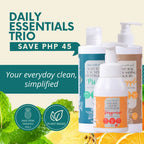Plant-based mint laundry detergent, pineapple dishwashing liquid, and tangerine hand soap bundle by Clean Earth