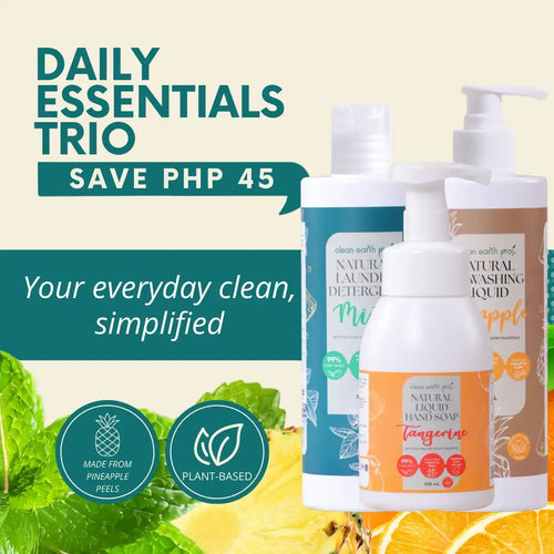Plant-based mint laundry detergent, pineapple dishwashing liquid, and tangerine hand soap bundle by Clean Earth