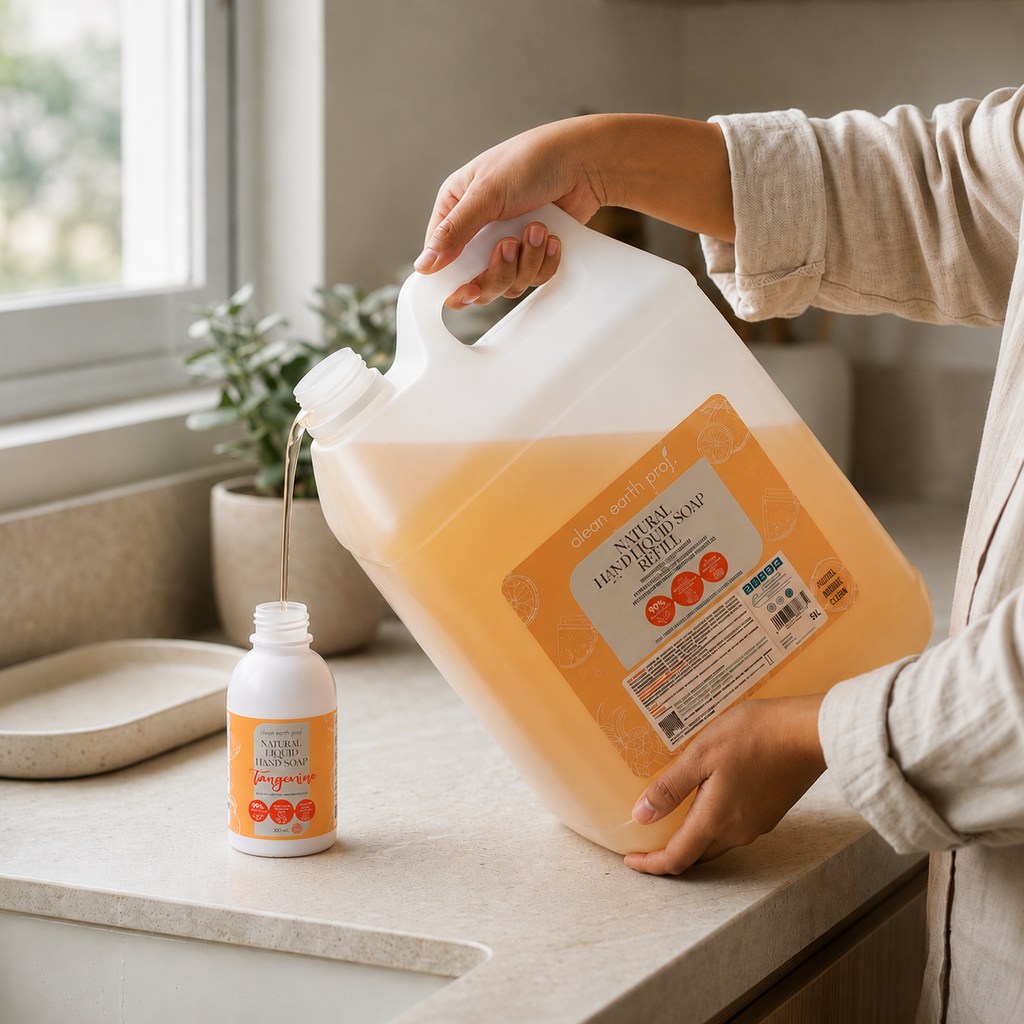 Refilling a reusable dispenser bottle with Clean Earth natural foaming liquid hand soap from a 10L bulk jug
