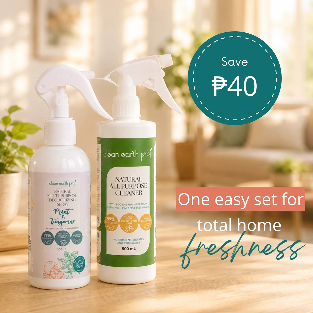 Clean Earth Fresh and Clean Set with 500ml natural all purpose cleaner and 300ml deodorizing spray saving 40 pesos