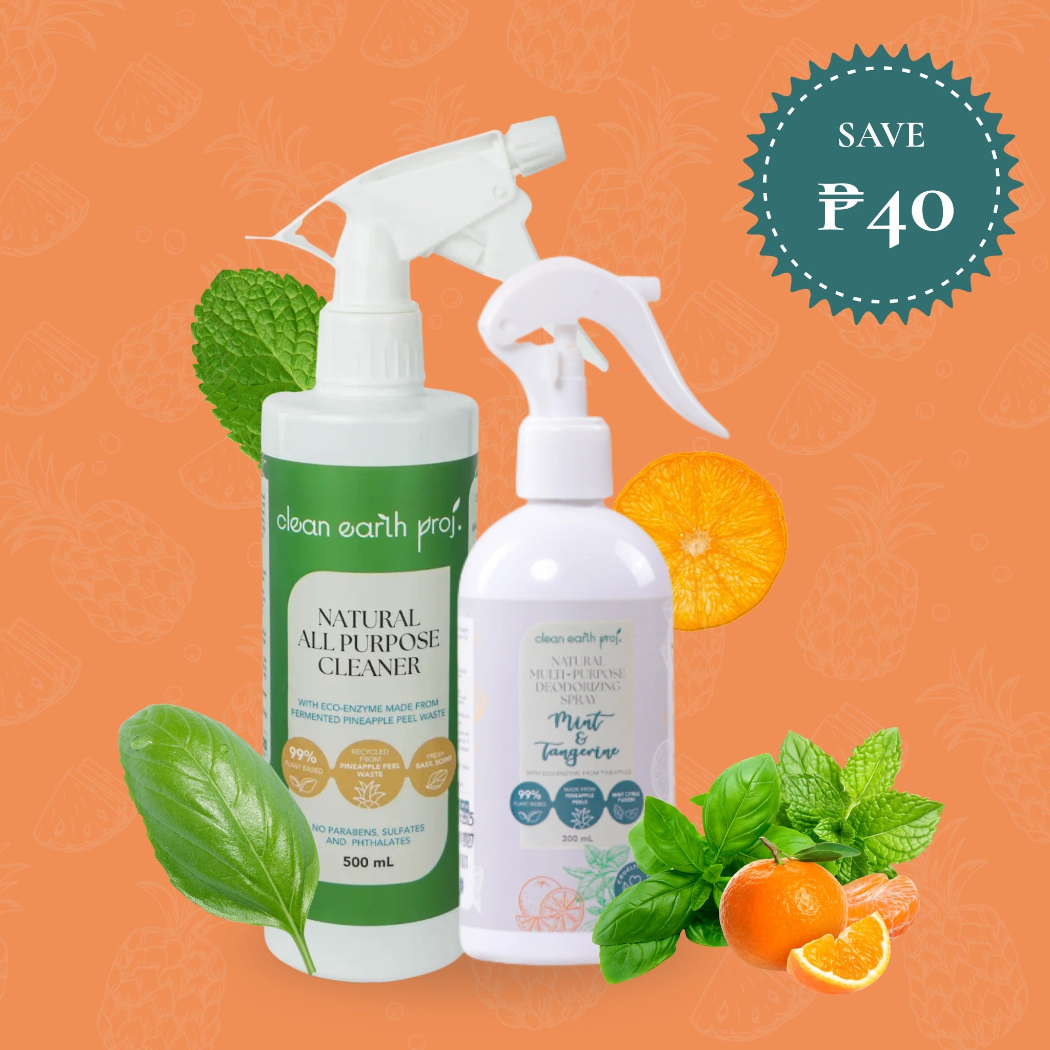 Clean Earth Fresh and Clean Set with 500ml natural all purpose cleaner and 300ml deodorizing spray saving 40 pesos