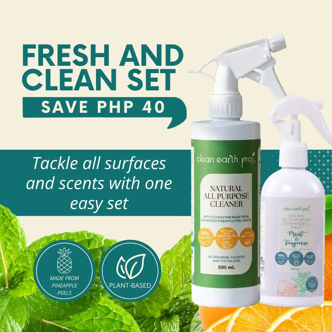 Plant-based holy basil surface cleaner and mint tangerine deodorizing spray bundle made from upcycled pineapple eco-enzymes