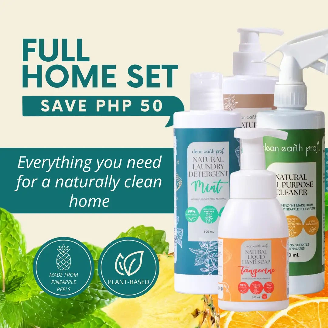 Natural home cleaning starter kit made from up cycled pineapple peels featuring non-toxic household essentials