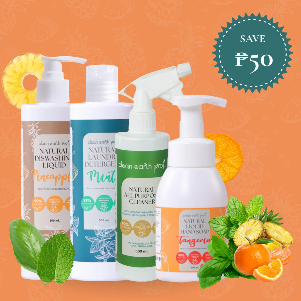 Eco-friendly plant-based non-toxic home cleaning starter kit including laundry, dishwashing, hand soap, and multi-purpose spray