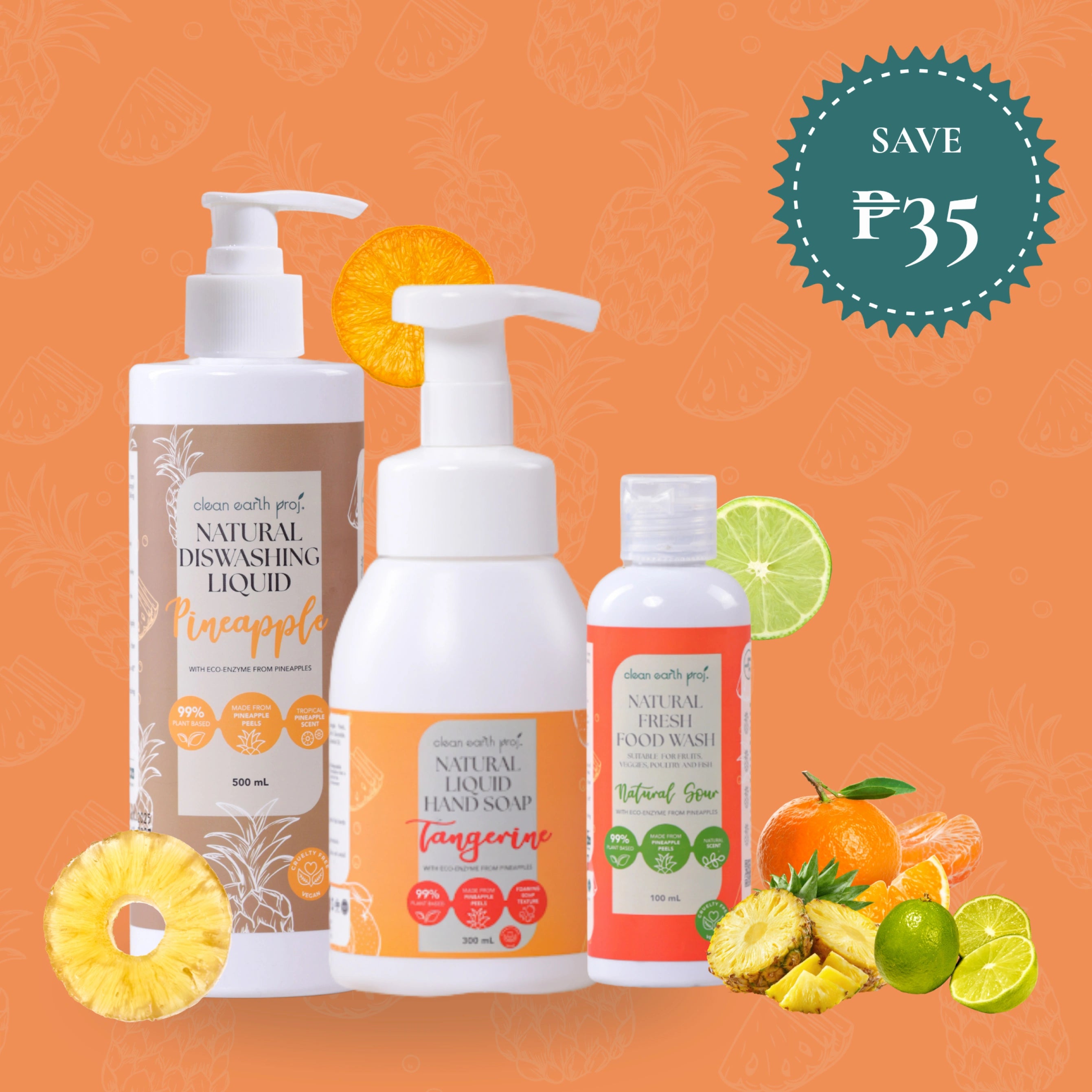 Eco-enzyme fruit wash, plant-based hand wash, and biodegradable dish soap kitchen bundle by Clean Earth