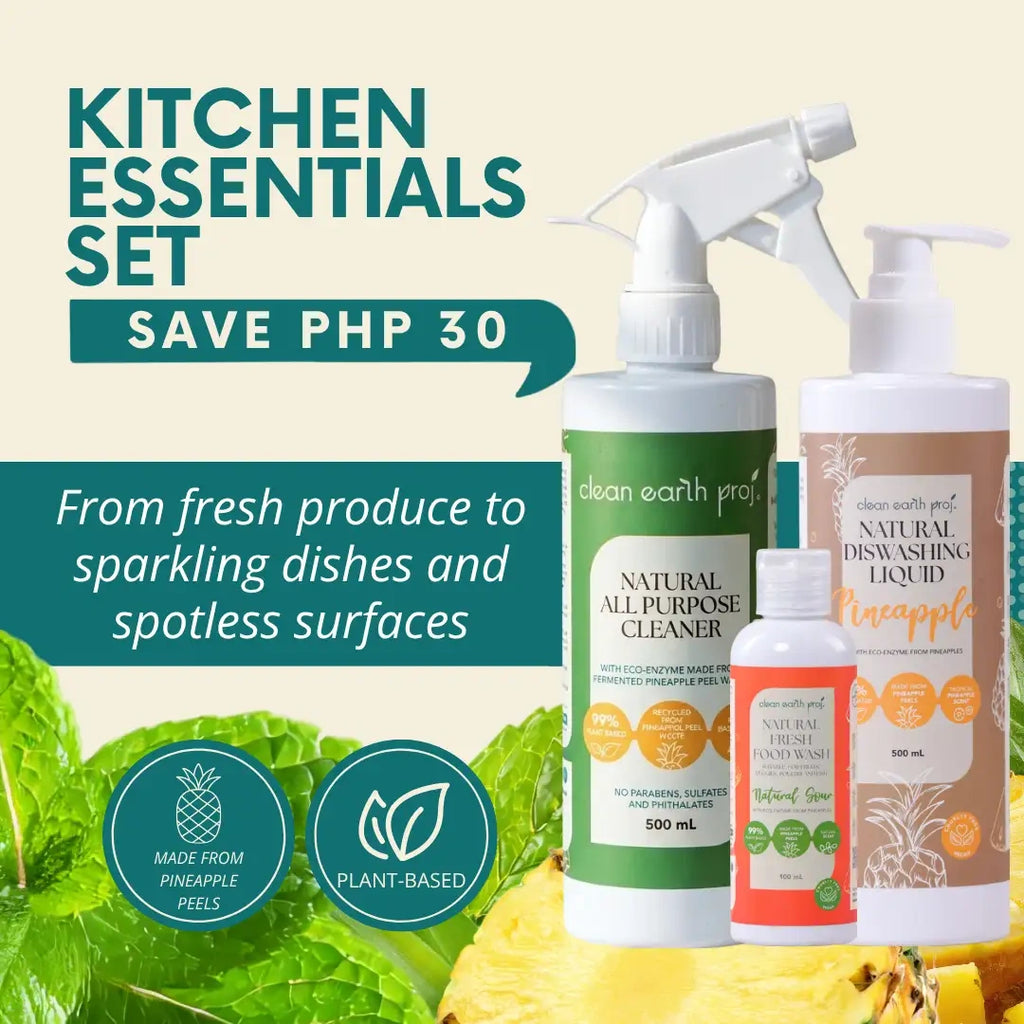Clean Earth Kitchen Essentials Set eco-enzyme bundle infographic highlighting plant-based products and savings
