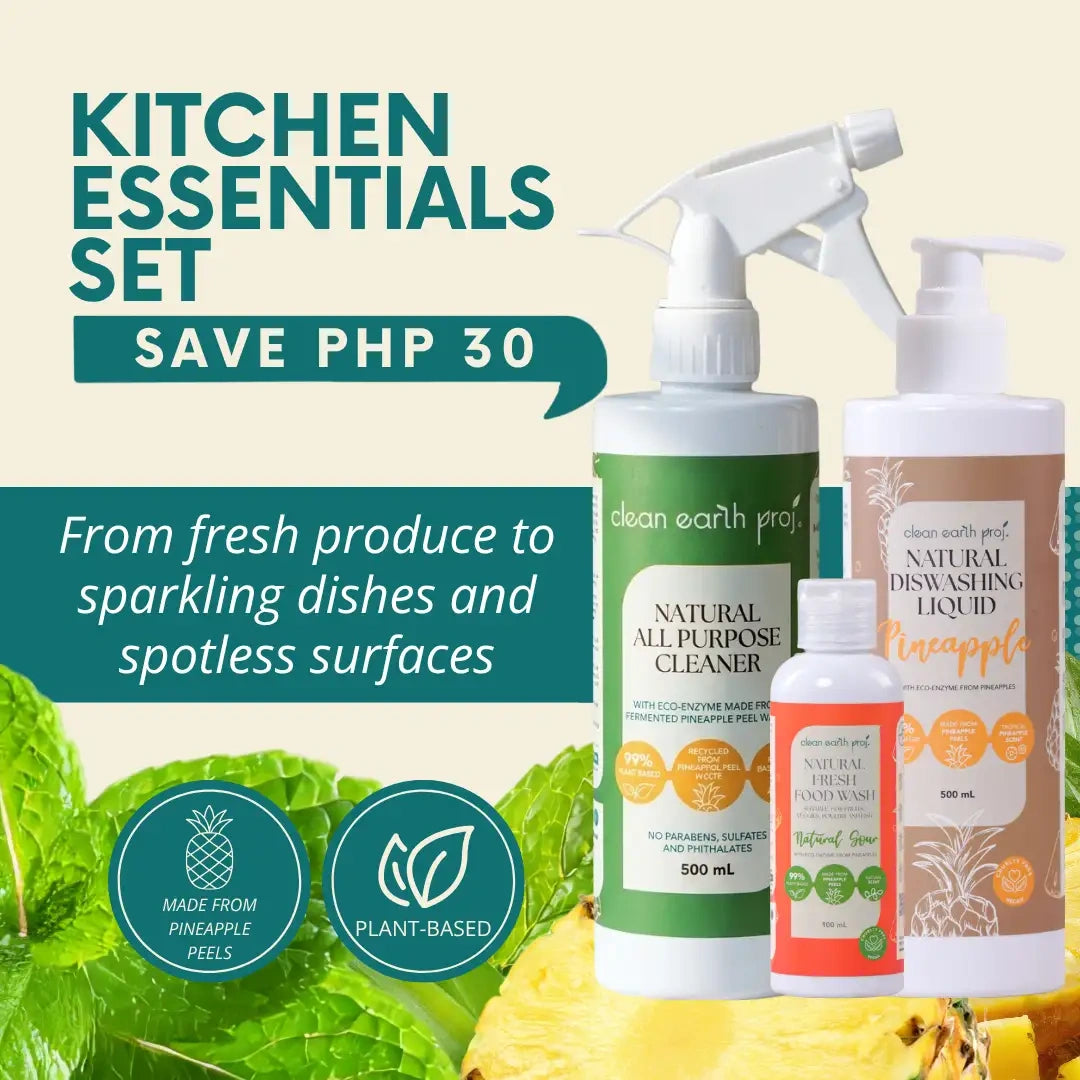 Clean Earth Kitchen Essentials Set eco-enzyme bundle infographic highlighting plant-based products and savings