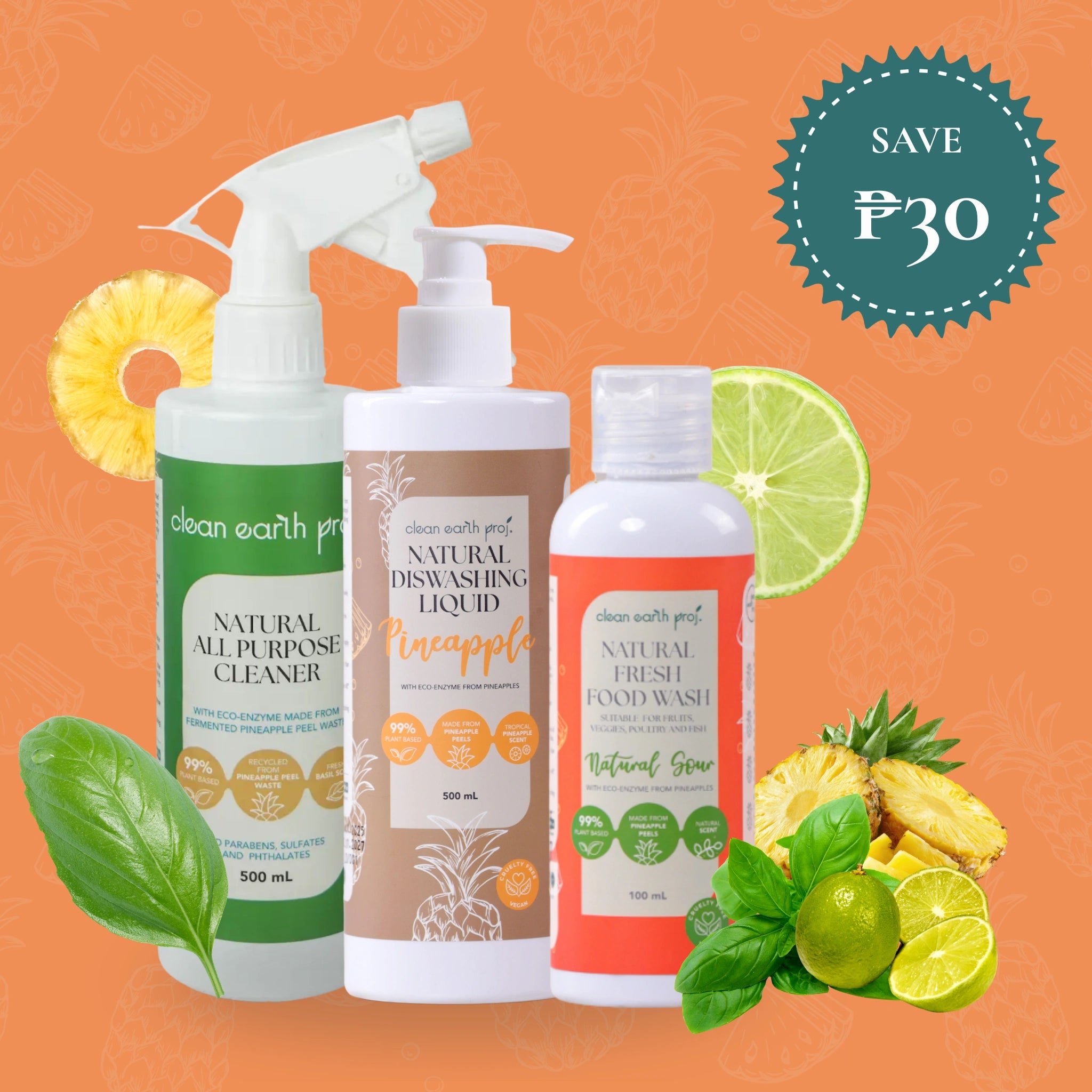 Clean Earth Kitchen Essentials Set eco-enzyme cleaning bundle featuring dishwashing liquid, multi-purpose spray, and fruit wash