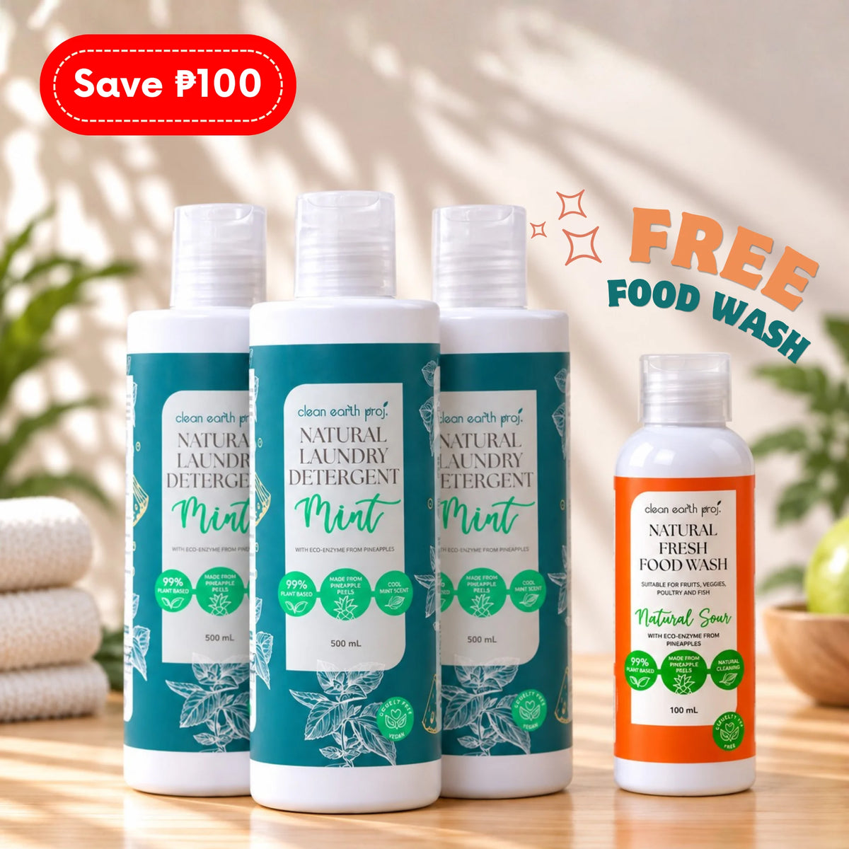 Clean Earth promotional bundle featuring three 500ml Natural Liquid Laundry Detergent bottles in Mint scent with a free 100ml Natural Fresh Food Wash bottle and Save ₱100 offer graphic
