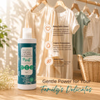 Clean Earth Mint Natural Laundry Detergent bottle on a wooden surface in front of baby clothes on a rack and a wicker basket, with text reading "Gentle Power for Your Family's Delicates" and highlighting baby-safe clean, fabric protection, and non-toxic benefits.