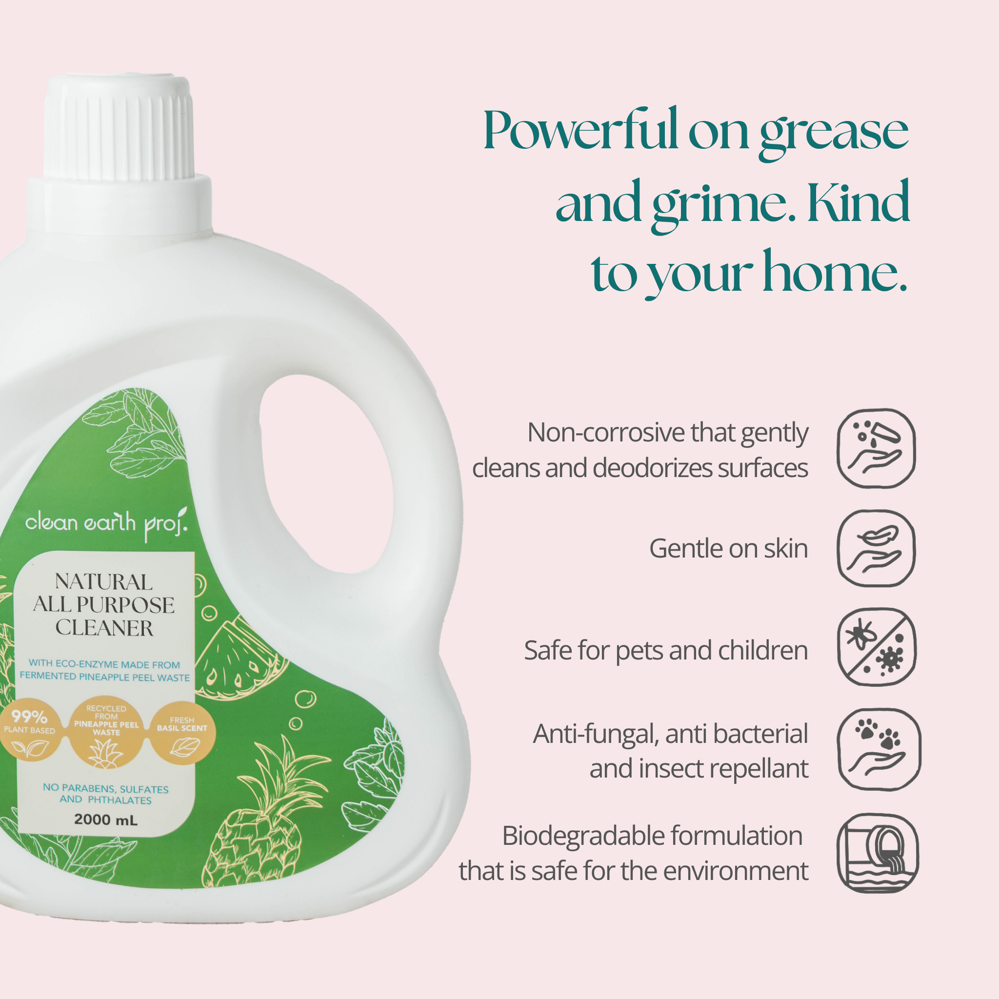 Clean Earth 2L natural all purpose cleaner refill infographic showing pet-safe and skin-friendly eco-enzyme benefits
