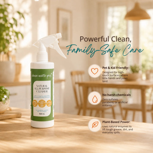 Clean Earth Natural All-Purpose Cleaner spray bottle on a wooden dining table in a cozy home setting, with text reading "Powerful Clean, Family-Safe Care" and highlighting pet-and-kid-friendly, non-toxic, and plant-based enzyme benefits.