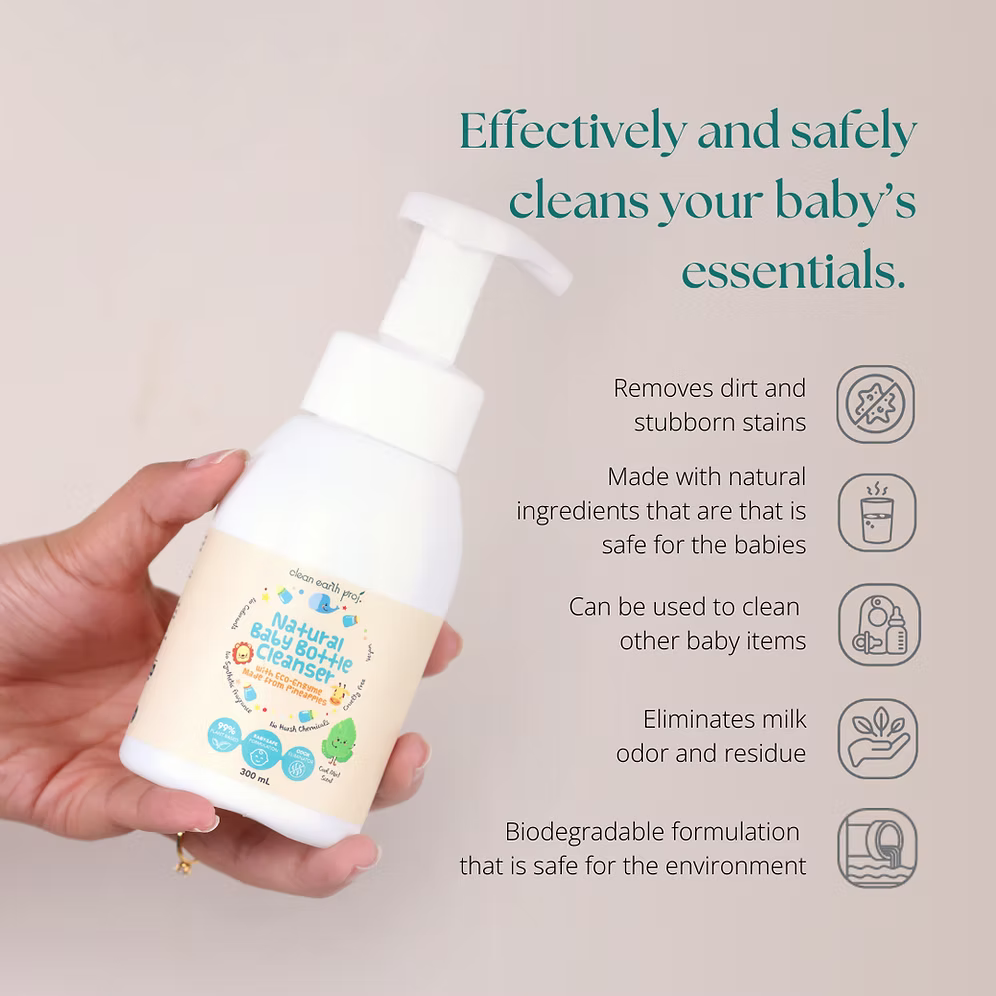 Clean Earth plant-based baby bottle wash list of features including biodegradable formula and milk odor removal