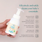 Clean Earth plant-based baby bottle wash list of features including biodegradable formula and milk odor removal