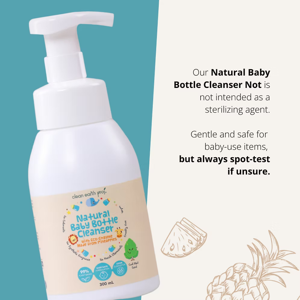 Clean Earth non-toxic baby dish soap instructions recommending a spot test on delicate accessories