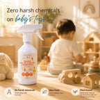 Clean Earth Natural Baby Toy & Surface Cleaner Spray bottle in the foreground with a child playing in a sunlit playroom, featuring text reading "Zero harsh chemicals on baby's toys" and highlighting no harsh chemicals, non-toxic, and plant-based benefits.