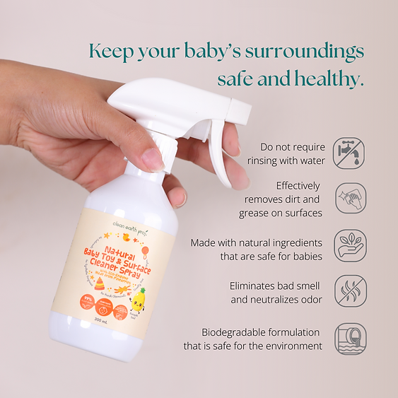 Chemical-free baby safe toy disinfectant spray with trigger nozzle being held in hand by Clean Earth