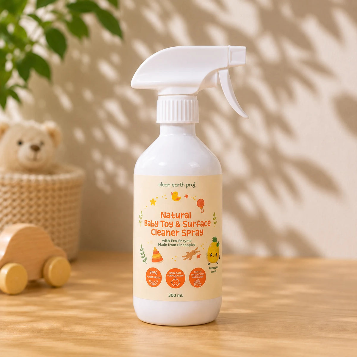 Clean Earth non-toxic baby-safe high chair and play mat cleaning spray with natural sour pineapple scent