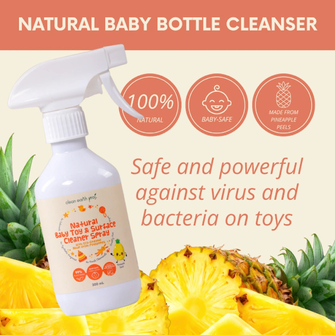 Clean Earth Natural Baby Toy and Surface Cleaner Spray infographic highlighting antibacterial safety for toddler toys