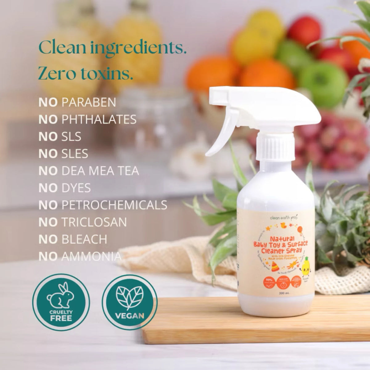 Clean Earth Natural Baby Toy and Surface Cleaner Spray featured alongside cruelty-free, vegan, and zero-toxin product highlights
