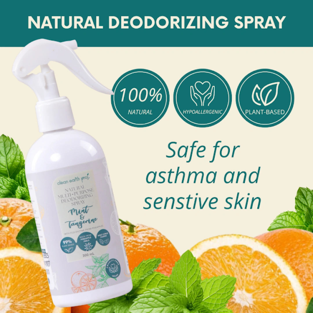 Asthma-safe and eczema-friendly fabric refresher spray with mint and tangerine essential oils by Clean Earth