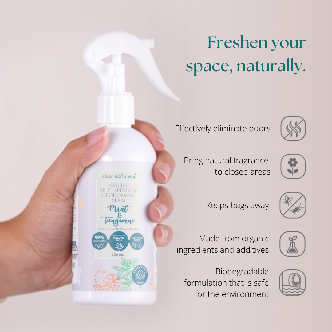 Clean Earth non-toxic biodegradable pet odor eliminator and organic home fragrance spray infographic