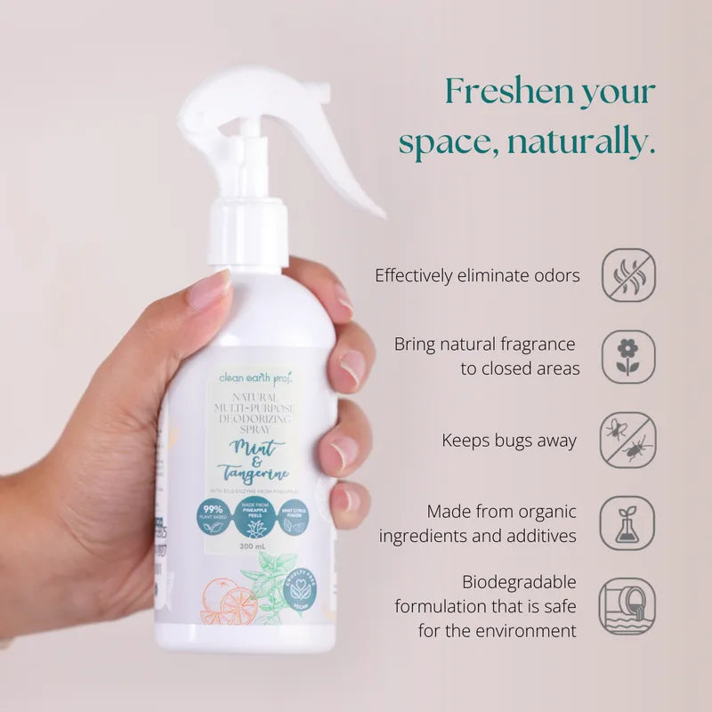Clean Earth non-toxic biodegradable pet odor eliminator and organic home fragrance spray infographic